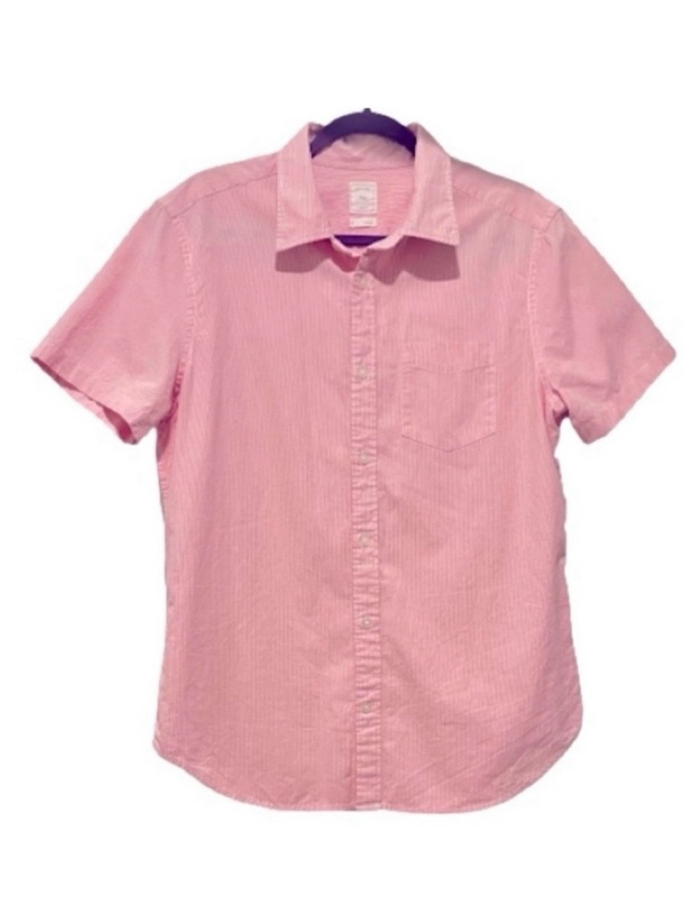 GAP- Men's Short Sleeve Cotton Fine Stripe Pink Shirt with Front Pocket.